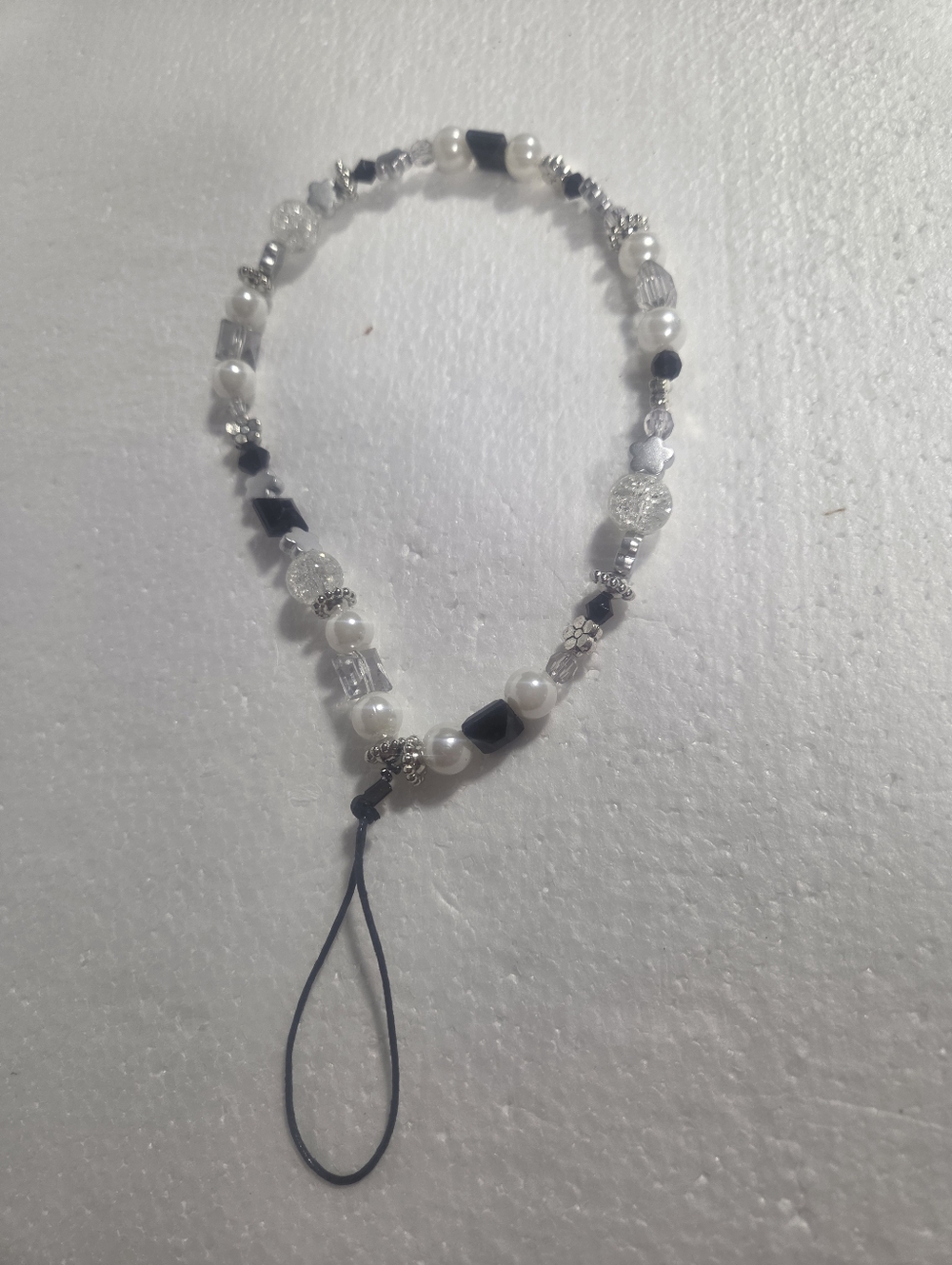 Handcrafted Beaded Wrist Phone  Lanyard - White & Black Pearls and Beads